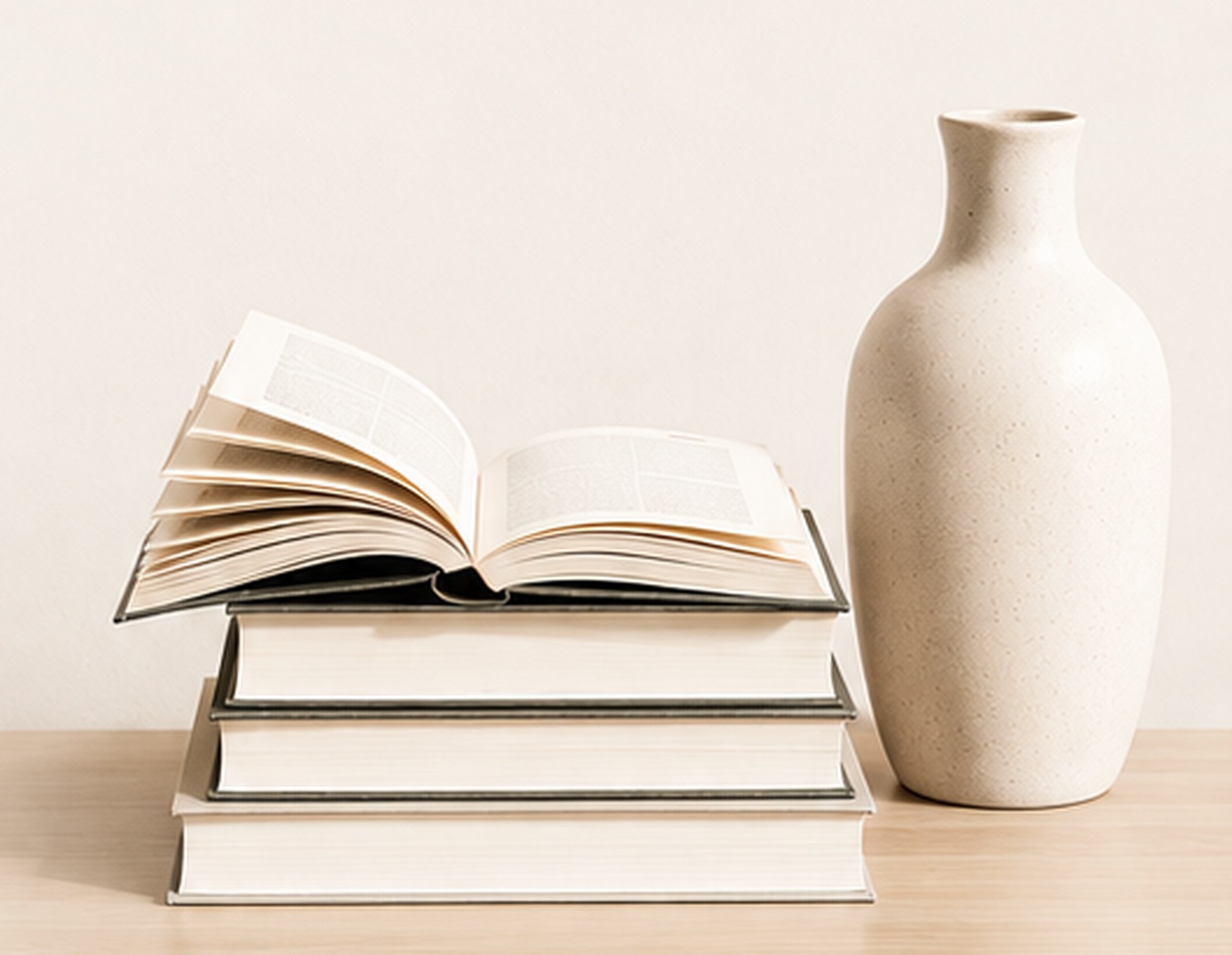 Open book resting on stacked neutral books beside a simple ceramic vase